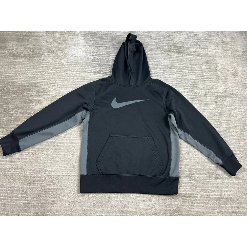 Nike Hoodie Boys Medium Black Therma-FIT Pullover Grey Swoosh Sweatshirt